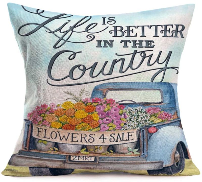 Photo 1 of Aremetop Flowers Truck Farmhouse Decorative Pillow Cover Life is Better in The Country Farm Quote Throw Pillow Cushion Cover 18''x18'' Cotton Linen Square Pillow Cases,Rustic Flower Garden Center