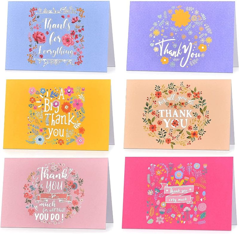 Photo 1 of 24 Pack Colorful Flower Thank You Cards with Envelopes, Elegant Bulk Thank You Notes Blank Floral Greeting Cards for Weddings Birthday Baby Shower- 4 x 6 inch