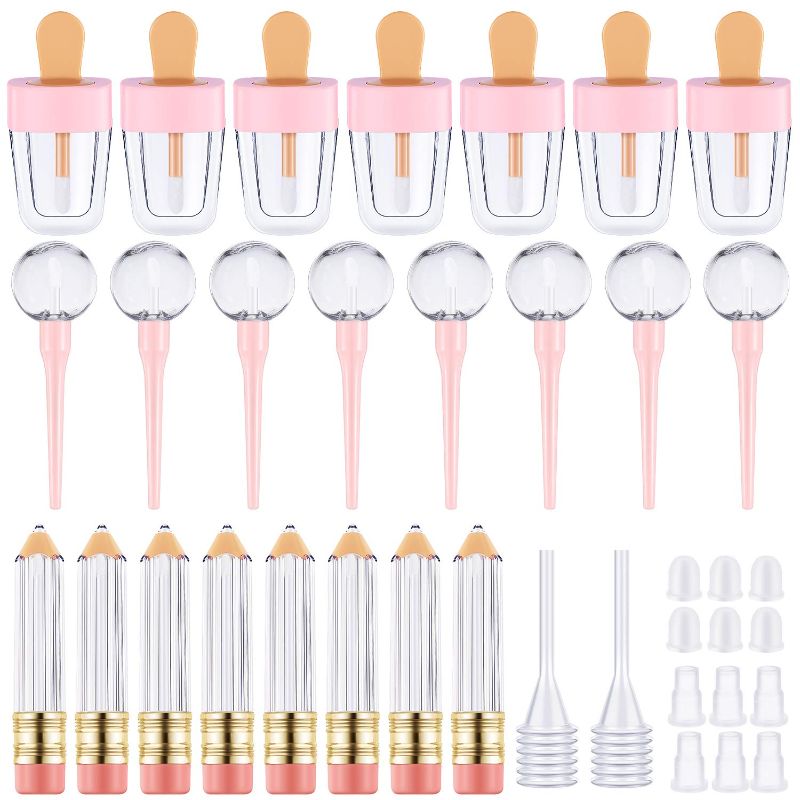 Photo 1 of 28 Pcs Refillable Empty Lip Gloss Tube Tool Set, 8 Pcs Ice-cream Shaped Lip Balm Tubes 8 Pcs Pencil Shaped Lip Gloss Containers 8 Pcs Lollipop Shaped Plastic Tube Containers with 4 Pcs Mini Funnels