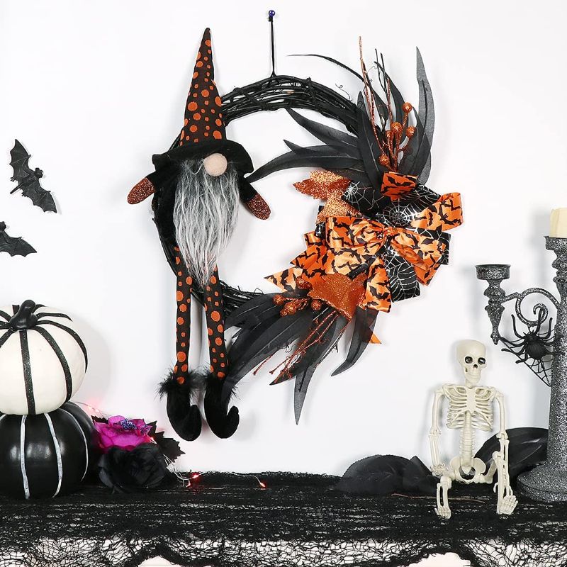 Photo 1 of GMOEGEFT Halloween Wreath 14 Inches Wreath Witch Gnome with Ribbon Artificial Autumn Fall Decoration Front Door Wall Window Wreath Decor for Outdoor Home