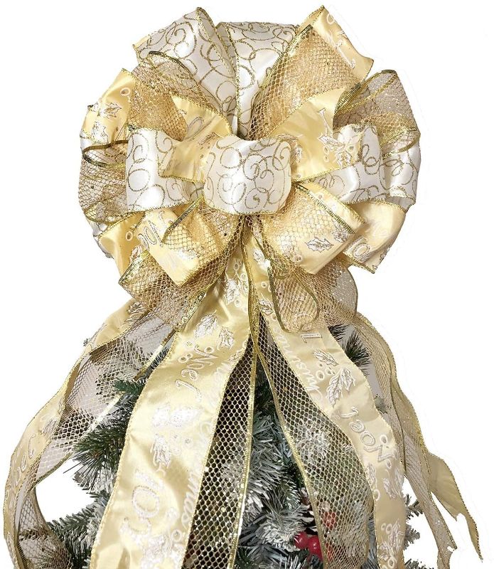 Photo 1 of Christmas Tree Topper,27x12 Inches Large Toppers Bow with Streamer Wired Edge for Christmas Decoration