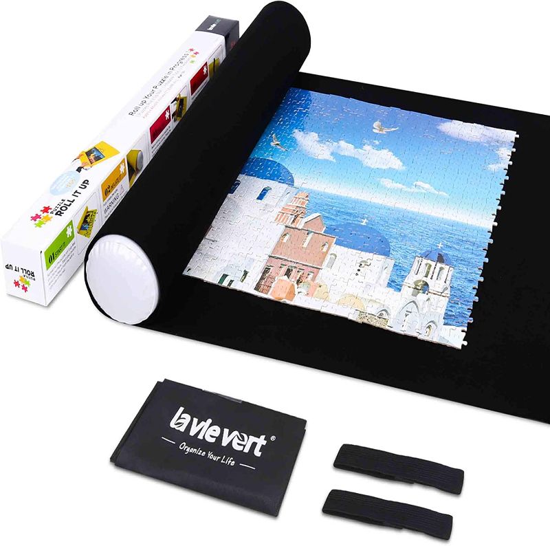 Photo 1 of LAVIEVERT Jigsaw Puzzle Roll Mat Puzzle Storage Saver Black Felt Mat, Long Box Package, No Folded Creases, Jigroll Up to 1,500 Pieces - Comes with A Drawstring Opening Design Bag, 46 x 26 in