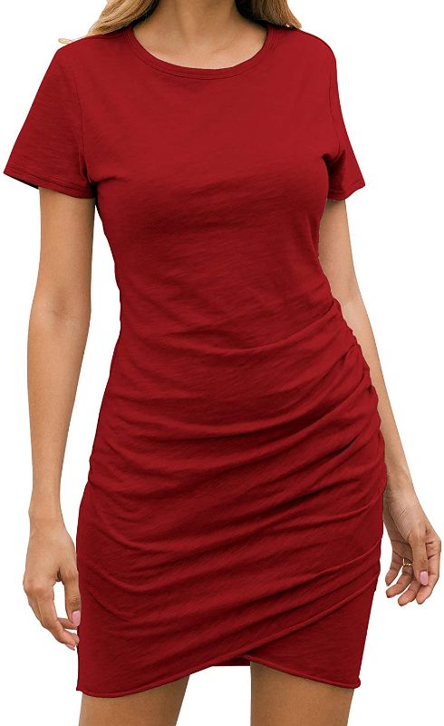 Photo 1 of BTFBM Women's 2021 Casual Crew Neck Short Sleeve Ruched Stretchy Bodycon T Shirt Short Mini Dress XL