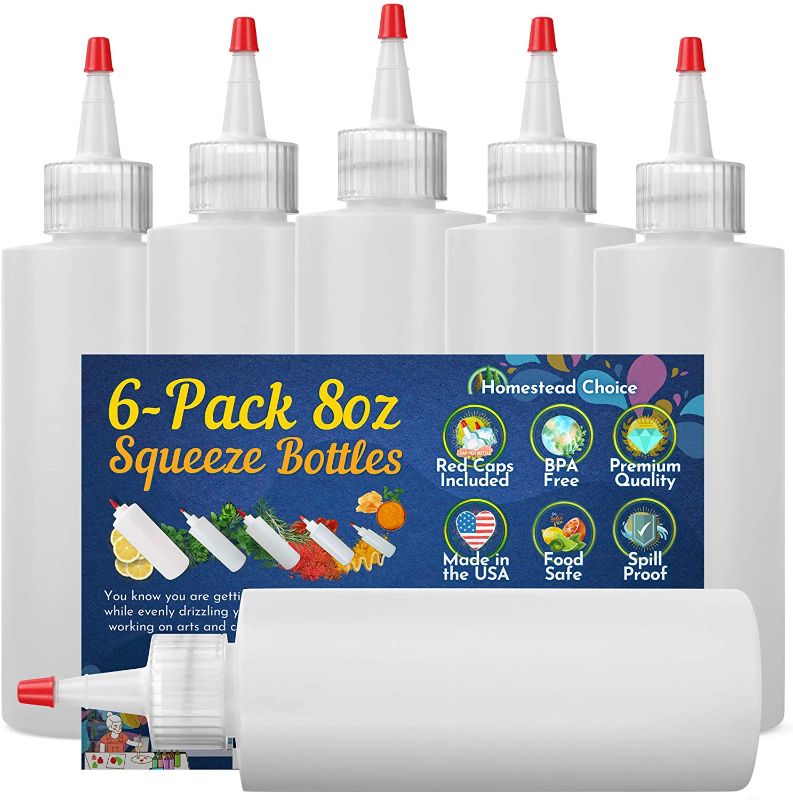 Photo 1 of 6-pack Plastic Squeeze Condiment Bottles - 8 Ounce with Red Tip Cap - Made in USA - Perfect for Ketchup, BBQ, Sauces, Syrup, Condiments, Dressings, Arts and Crafts