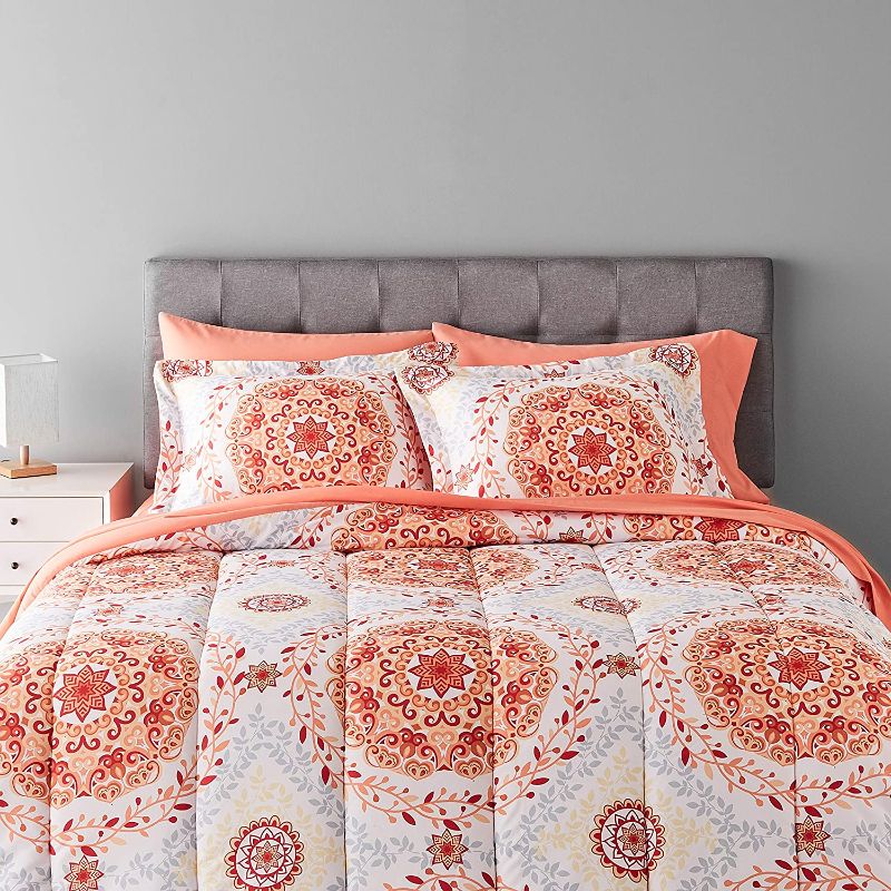 Photo 1 of Amazon Basics Lightweight Microfiber Bed-In-A-Bag Comforter Bedding Set - Full/Queen, Coral Medallion
