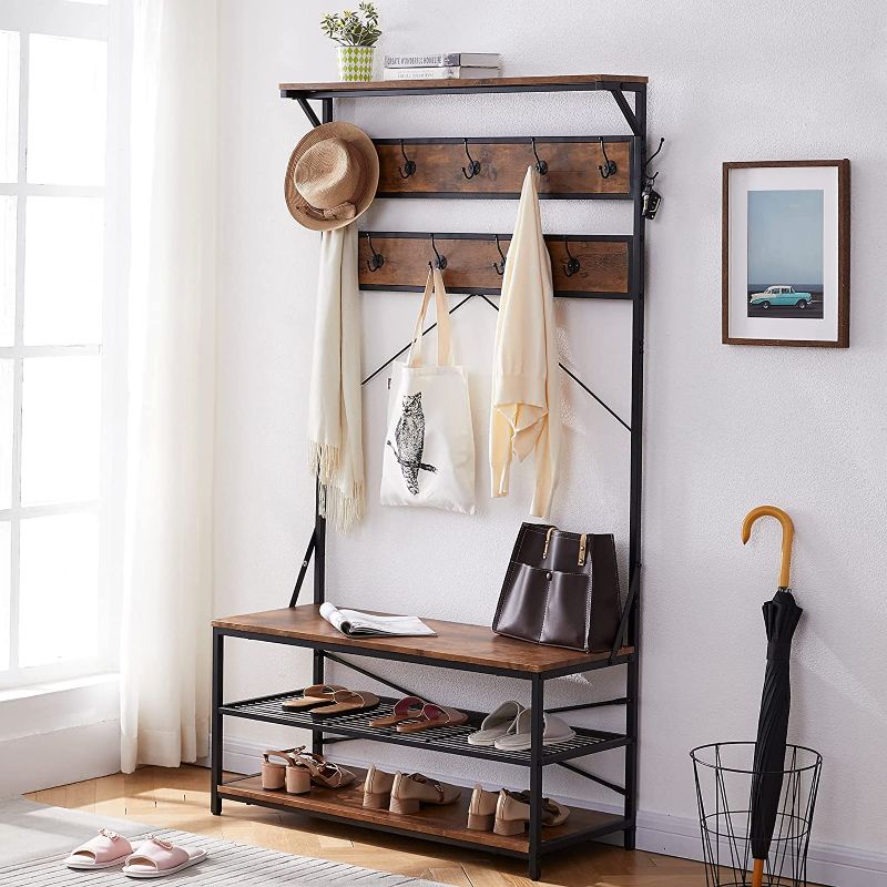 Photo 1 of 3-in-1 Entryway Coat Rack,Vintage Industrial Hall Tree 72 Inch with Storage Bench and Coat Racks Entryway Storage Shelf Organizer with 9 Hooks? Large Size, Wood Look Accent Furniture with Metal Frame
