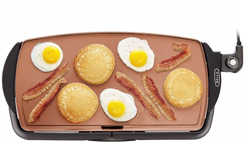 Photo 1 of BELLA Electric Ceramic Titanium Griddle, Make 10 Eggs At Once, Healthy-Eco Non-stick Coating, Hassle-Free Clean Up, Large Submersible Cooking Surface, 10.5" x 20", Copper/Black
