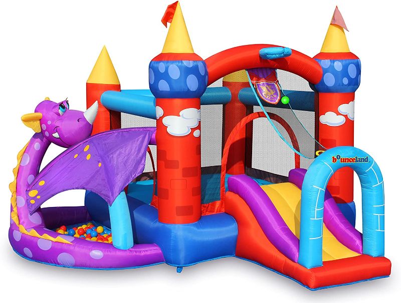 Photo 1 of Bounceland Dragon Quest Inflatable Bounce House, Ball Pit with 30 Colorful Balls included, Fun Slide and Basketball Hoop, UL Strong Blower included, 11.5 ft x 11.5 ft x 8 ft H, Fun Dragon Castle theme
