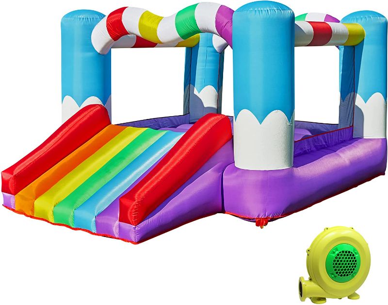 Photo 2 of TURFEE Rainbow Inflatable Jumper Bounce House with Blower,Bounce House with Slide, Repair Patches, and Stakes, for Kids Indoor Outdoor.Easy Set Up,Backyard and Party Fun,138x 106 x 73
