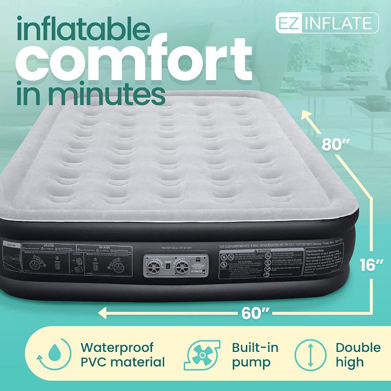 Photo 1 of EZ INFLATE Queen Air Mattress with Built-in Dual Pump for Easy Inflation/Quick Set Up – Inflatable Air Bed for Camping, Home & Travel - Double Height - Durable, Adjustable Blow Up Mattress
