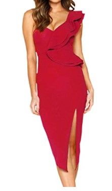 Photo 1 of ECOWISH Women's Dresses Sexy Ruffle One Shoulder Sleeveless Split Bodycon Midi Party Dress SIZE L
