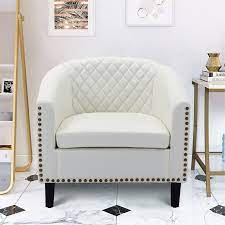 Photo 1 of Accent Barrel Chair Living Room Chair with Nailheads and Solid Wood Legs white Pu Leather
White. 