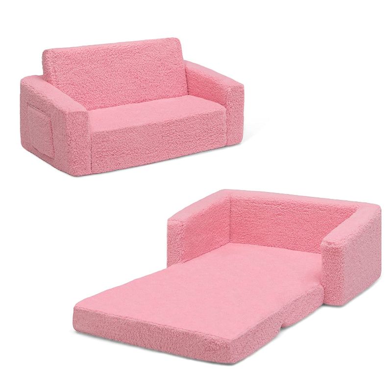 Photo 1 of Delta Children Cozee Flip-Out Sherpa 2-in-1 Convertible Sofa to Lounger for Kids, Pink
