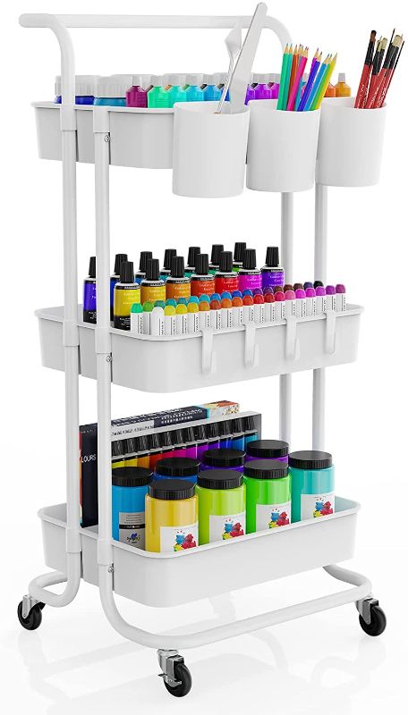 Photo 1 of  3-Tier Rolling Utility Cart with Hanging Cups & Hooks & Handle, Multifunctional Art Cart Organizer Storage with Wheels, Easy Assembly for Office, Bedroom, Kitchen, Bathroom, Laundry (White)