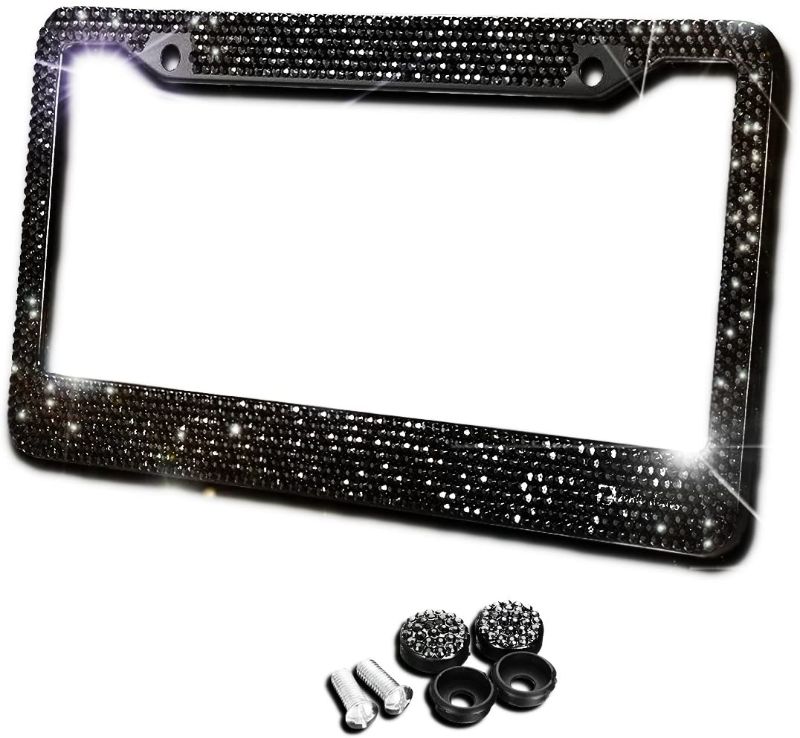 Photo 1 of Black Sparkling Rhinestone Glitter Mixed Crystal Bling Stainless Steel License Plate Frame-All Weather-Proof Super Adhesive Black Rhinestone