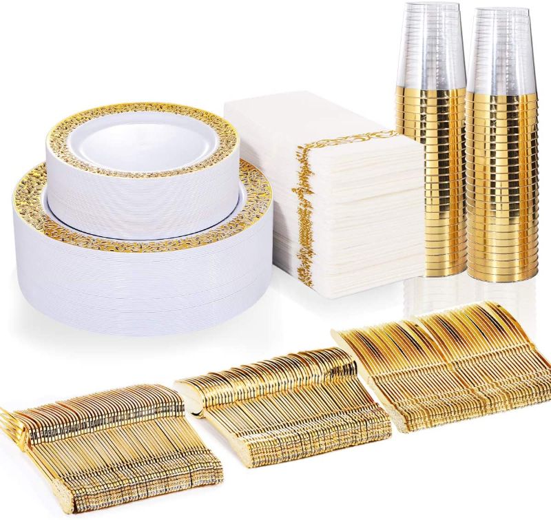 Photo 1 of BUCLA 350PCS Gold Plastic Plates with Disposable Plastic Silverware&Hand Napkins, Gold Plastic Dinnerware Lace Design include 100 Plates,50 Forks, 50 Knives, 50 Spoons,50 Cups,50 Disposable Napkins
