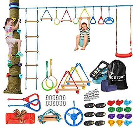 Photo 1 of hooroor Slackline Warrior Obstacle Course for Kids-66FT Slack Line with Tree Climbing Rock Holds, Swing Seat, Monkey Bars, Ring Wheel, Rope Ladder, Training Outdoor Playset & Backyard Jungle Gym