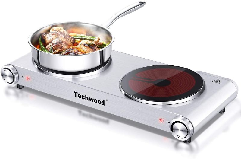 Photo 1 of Techwood 1800W Electric Hot Plate, Countertop Stove Double Burner for Cooking, Infrared Ceramic Hot Plates Double Cooktop, Silver, Brushed Stainless Steel Easy To Clean Upgraded Version