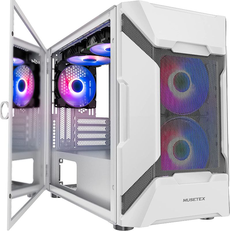 Photo 1 of MUSETEX Mesh MATX (Micro-ATX) Mid Tower Case with 5 PCS × ARGB Fans Pre-Installed and 2 PCS × USB 3.0 Ports, Magnetic Design Opening Tempered Glass Panel Gaming PC Case (White, MK7-WN5)