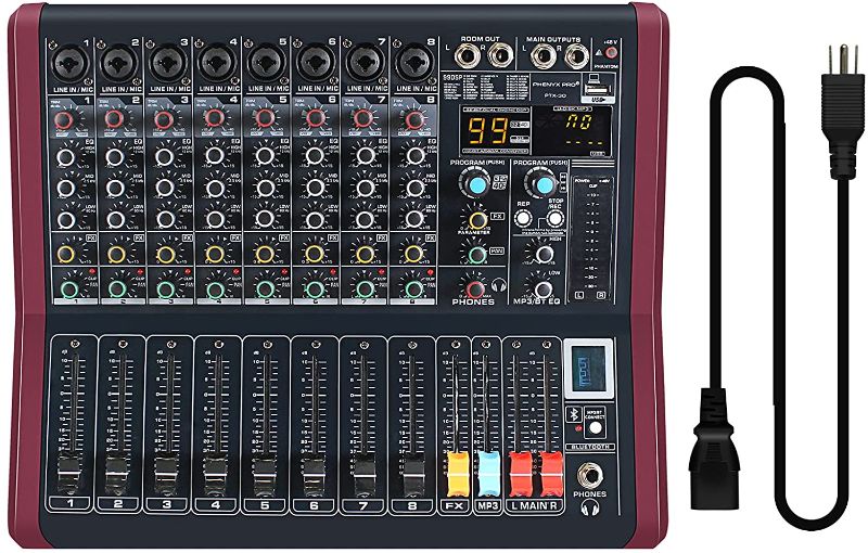 Photo 1 of 8-Channel Professional Mono Audio Mixer, Phenyx Pro Sound Board w/ 3-Band EQ, Build-in 99 DSP Effects, BT Function, Recording to USB Drive, Ideal For Studio, Stage, Karaoke (PTX-30)