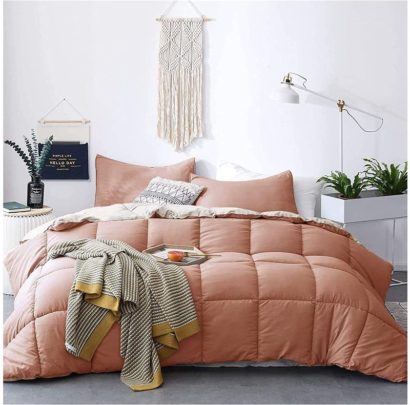 Photo 1 of All Season Down Alternative Quilted Comforter Set - Reversible Duvet Insert - Machine Washable (Rose/Beige, Queen Set) includes 2 pillow shams