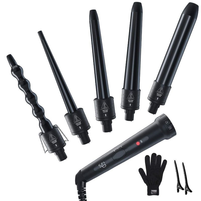 Photo 1 of 5 in 1 Curling Iron Wand Set, Ohuhu Upgrade Curling Wand 5Pcs 0.35 to 1.25 Inch Interchangeable Ceramic Barrel Heat Protective Glove, Dual Voltage Hair Curler for All Hair Type, Black,