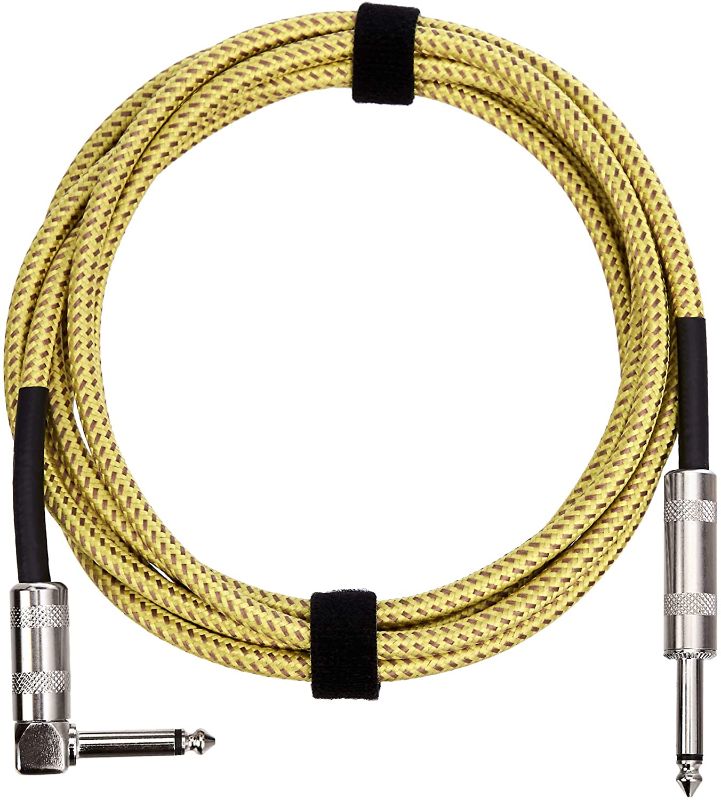 Photo 1 of Amazon Basics 1/4 Inch Tweed Cloth Jacket Right-Angle Instrument Cable - 10 Foot (Yellow & Brown)