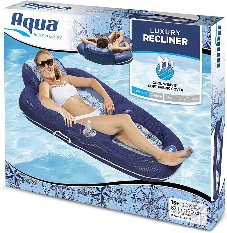 Photo 1 of Aqua Luxury Water Lounge, X-Large, Inflatable Pool Float with Headrest, Backrest & Footrest, Navy/Light Blue