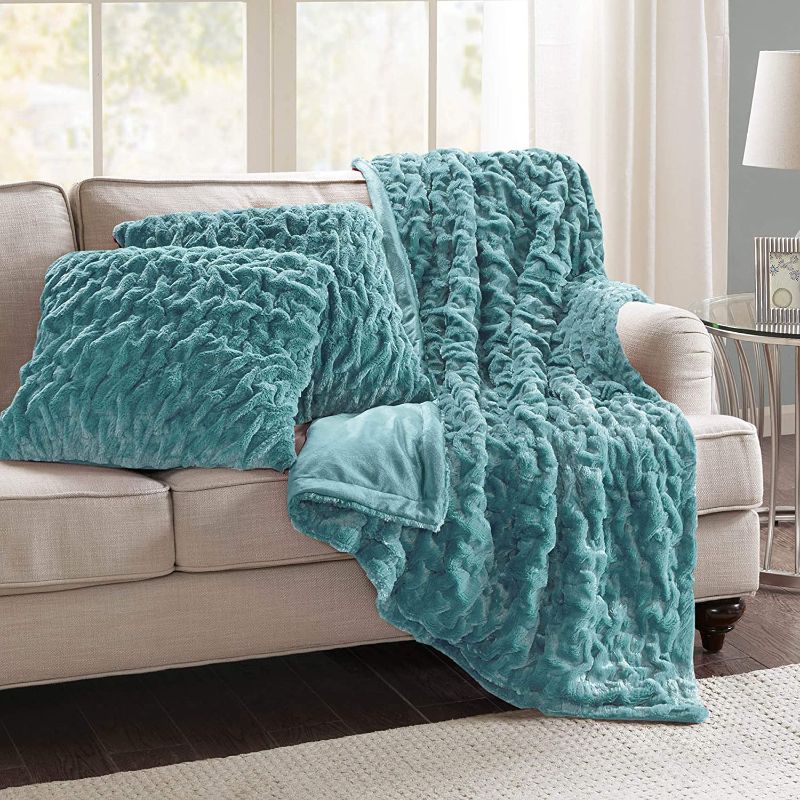 Photo 1 of Comfort Spaces Ruched Faux Fur Plush 3 Piece Throw Blanket Set Ultra Soft Fluffy with 2 Square Pillow Covers, 50"x60", Teal