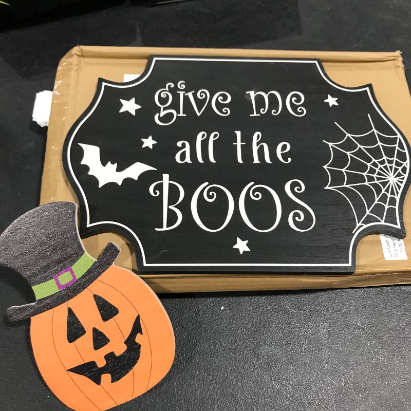 Photo 1 of "give me all the boo's" wooden sign with wooden pumpkin
