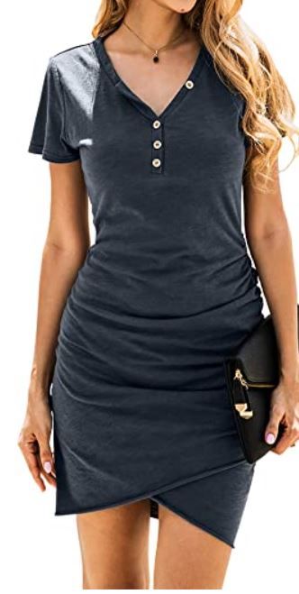 Photo 1 of BTFBM Women’s 2021 Casual V Neck Short Sleeve Ruched Bodycon T Shirt Short Mini Dresses with Buttons size:small