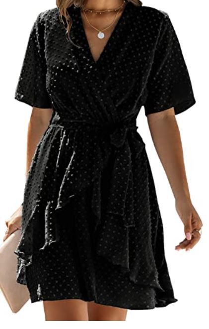 Photo 1 of BTFBM Women Fashion Faux Wrap Swiss Dot V-Neck Short Sleeve High Waist A-Line Ruffle Hem Plain Belt Short Dress size :XL