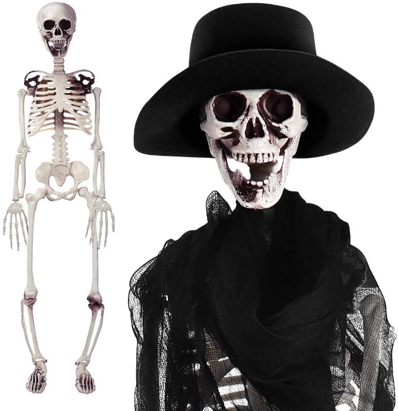 Photo 1 of 35 Inches Posable Halloween Skeleton Decorations Pose-N-Stay Full Body Skeleton with Movable Joints, Hat, Creepy Cloth for Halloween Skeleton Prop Decoration Party Supplies Decor, Hanging Available