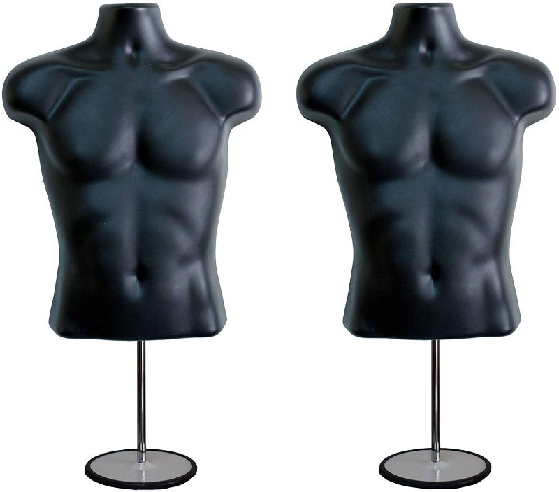 Photo 1 of 2 Pack Male Mannequin Torso with Stand Dress Form Tshirt Display Countertop Hollow Back Body S-M Clothing Sizes Black (read comments)