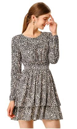 Photo 1 of Allegra K Women's Leopard Print Long Sleeve Smock Layered Ruffle Hem Dress size:XL