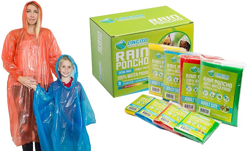 Photo 1 of Lingito Rain Poncho Family Pack: Extra Thick -Disposable Emergency Rain Ponchos for Men, Women and Teens, Children (8pack)