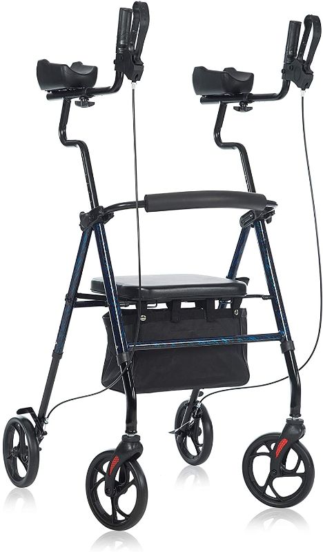 Photo 1 of BEYOUR WALKER Tall Upright Walker with Padded Armrest and Seat, Large Under-seat Basket for Seniors, Flame Blue