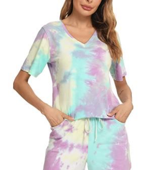 Photo 1 of Ekouaer Two Piece Pajamas Set Tie Dye Printed Short Sleeves T-Shirt Long Pants  Sleepwear Lounge PJ Set size:2XL