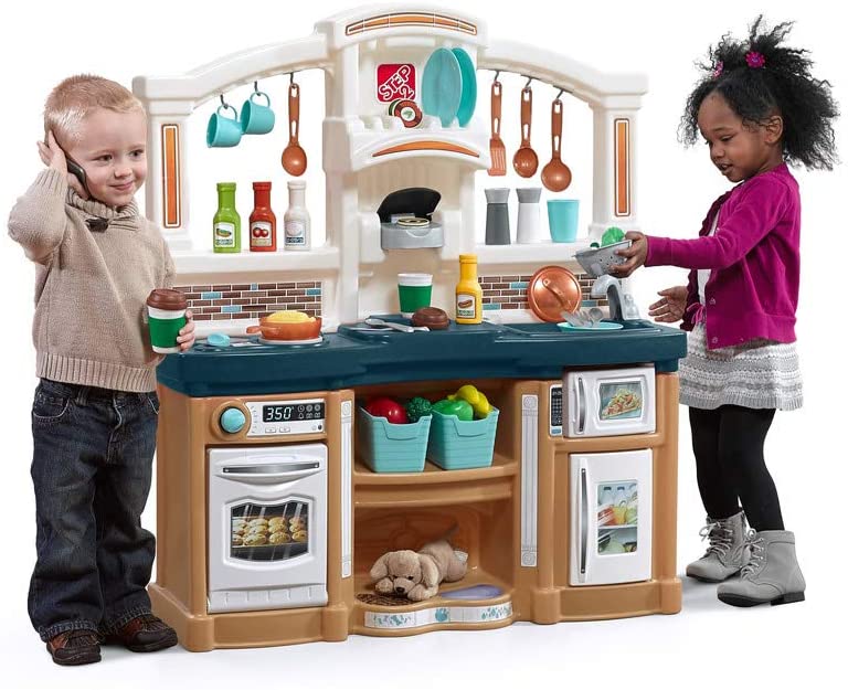 Photo 1 of Step2 Fun with Friends Kitchen | Large Plastic Play Kitchen with Realistic Lights & Sounds | Blue Kids Kitchen Playset & 45-Pc Kitchen Accessories Set