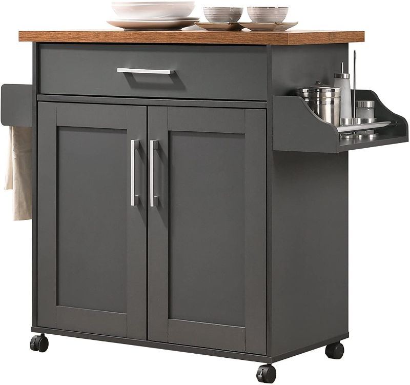 Photo 1 of Hodedah Kitchen Island with Spice Rack, Towel Rack & Drawer, Grey with Oak Top
