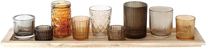 Photo 1 of Creative Co-Op Natural Wood Tray with 9 Unique Glass Votive Candle Holders, 22" x 5.5", Beiges
