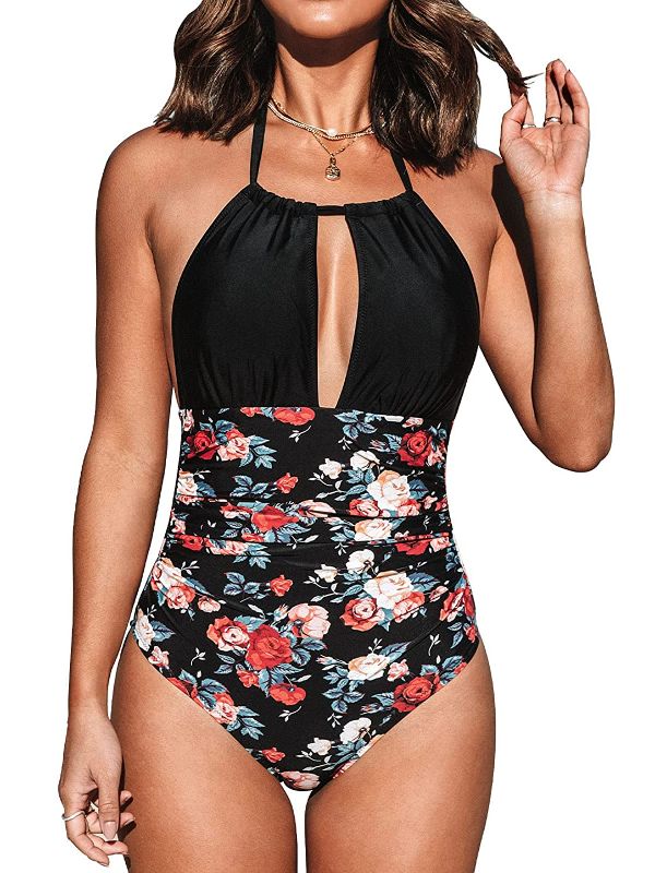 Photo 1 of Black and Floral Plunging Halter One Piece Swimsuit size L
