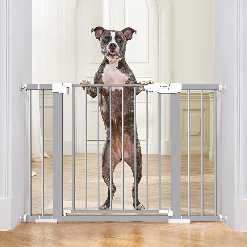 Photo 1 of Cumbor 46“ Auto Close Safety Baby Gate, Extra Tall and Wide Child Gate, Easy Walk Thru Durability Dog Gate for House, Stairs, Doorways. Includes 4 Wall Cups, (2)2.75-Inch and 8.25-Inch Extension, Grey

