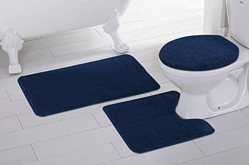 Photo 1 of  3 Piece Bathroom Rug Set Bath Rug, Contour Mat, & Lid Cover Non-Slip (Navy)
