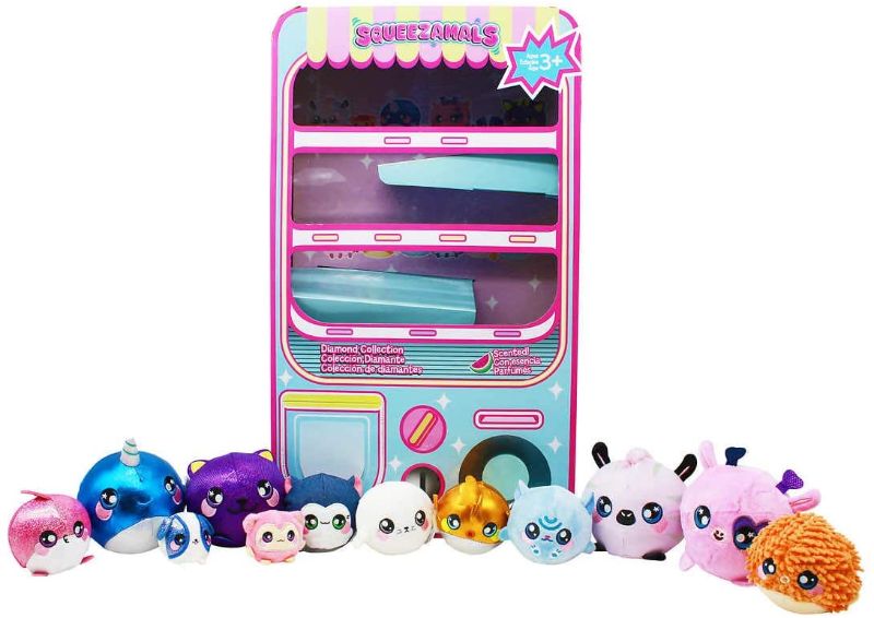 Photo 1 of Squeezamals Plush Toys - Toy Vending Machine Playset with 12 Mini Stuffed Animals - Four 3.5 inch, Six 2.5 inch and Two 1 inch Micro - Tiny Toys for Kids and Toddlers - Sweetly Scented Mini Plushies
