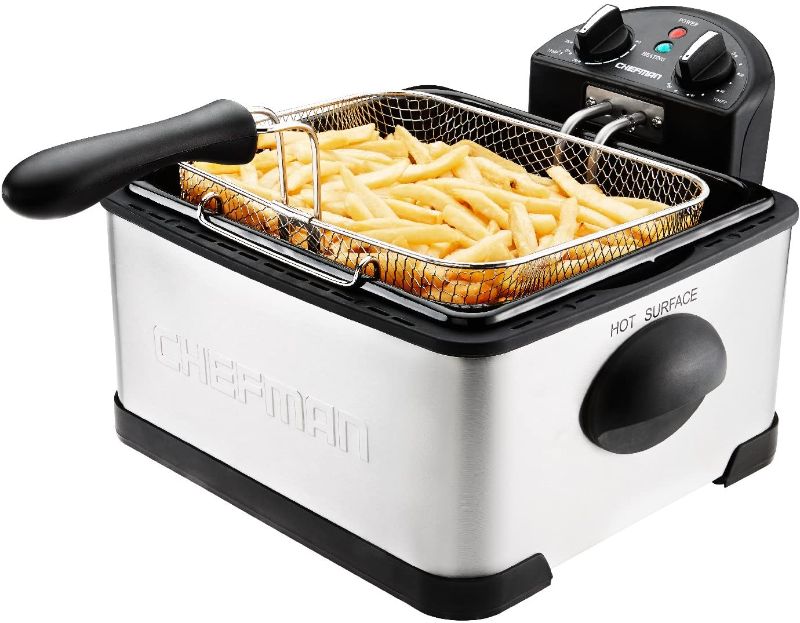 Photo 1 of Chefman 4.5 Liter Deep Fryer w/Basket Strainer, XL Jumbo Size, Adjustable Temperature & Timer, Perfect for Fried Chicken, Shrimp, French Fries, Chips & More, Removable Oil Container, Stainless Steel. USED CONDITION.
