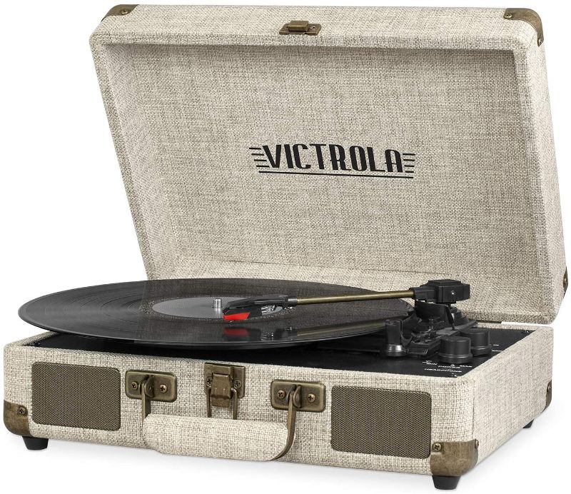 Photo 1 of Victrola Vintage 3-Speed Bluetooth Portable Suitcase Record Player with Built-in Speakers | Upgraded Turntable Audio Sound| Includes Extra Stylus | Light Beige Linen
