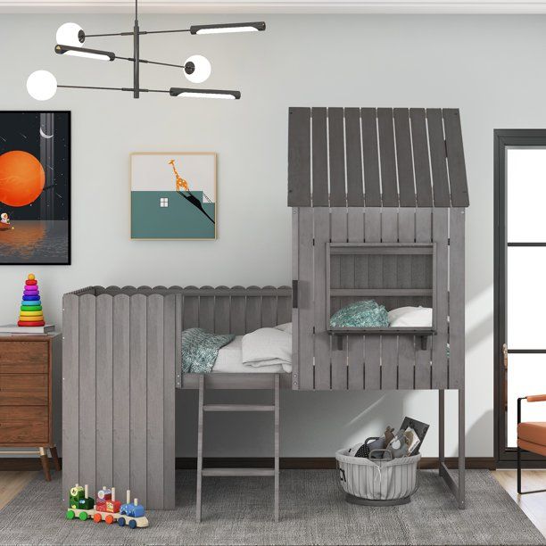 Photo 1 of JUMPER Loft Bed Twin size Loft Bed Wood Bed with Roof, Window, Guardrail, Ladder, Antique Gray
BOX 2 OF 3
