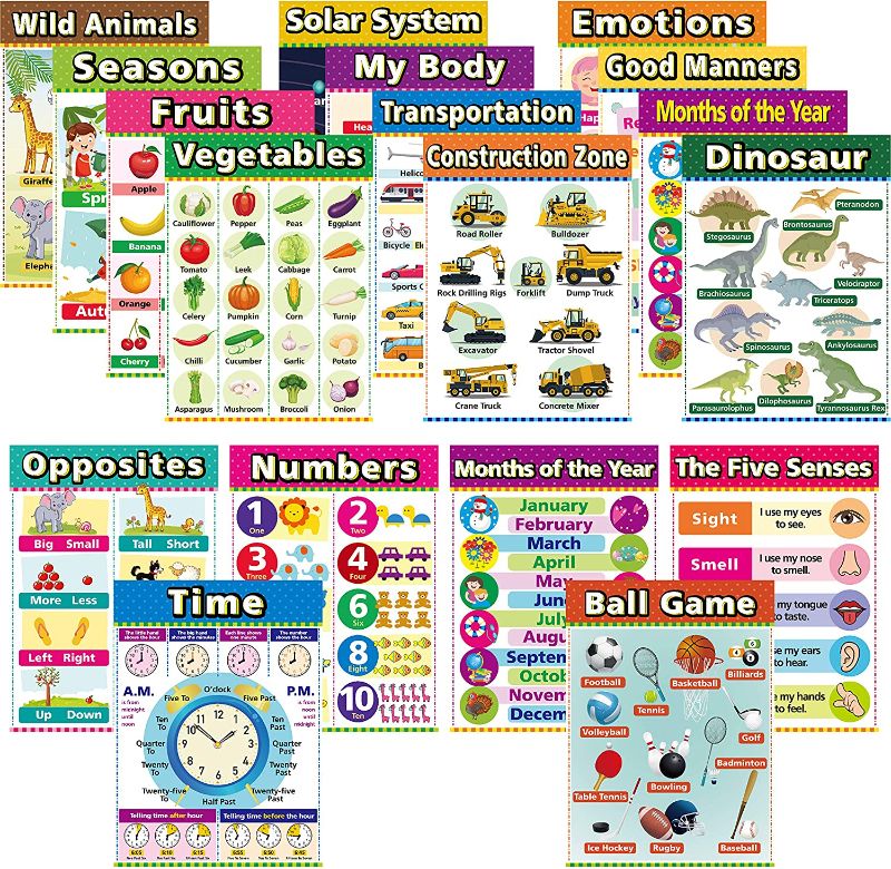 Photo 1 of Educational Posters for Kindergarten, Preschool Learning Posters, Laminated Learning Charts for Toddlers, Elementary Posters for Classroom, School Supplies Includes Time, Good Manners (18 Pack)
