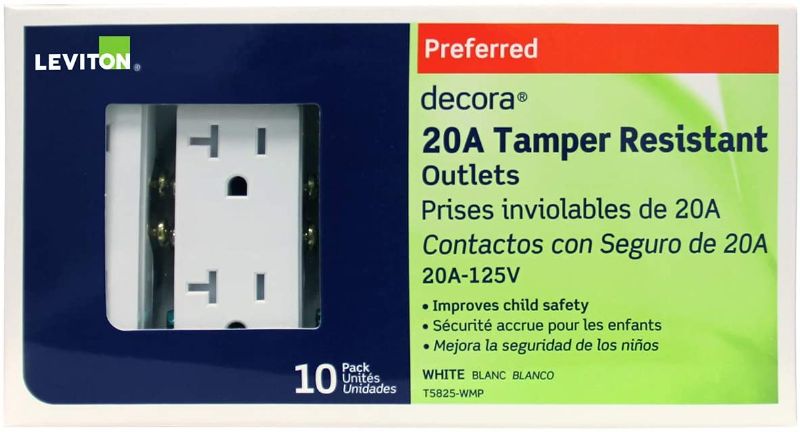 Photo 1 of Leviton M02-T5825-Wmp 20a 125v White Decora Tamper Resistant Outlets 10 Count
